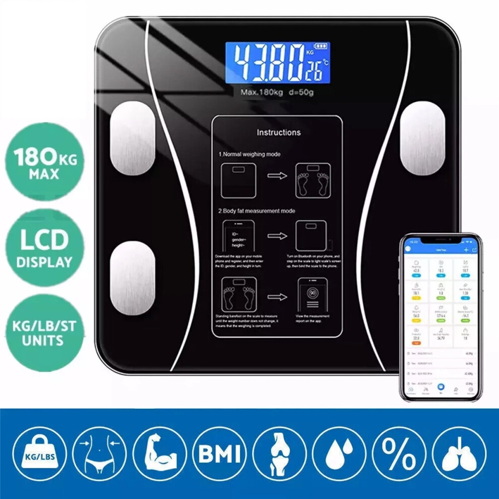 Bluetooth Body Fat Scale 180kg - Smart Digital Scale with BMI, 13 Health Indexes, App Sync, 10-User Memory