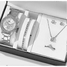 (Style 3, Silver) 6 Pcs Gift Set Women's Watch Ring Necklace Earrings Rhinestone Jewelry Set Christmas Valentine's Day Gift