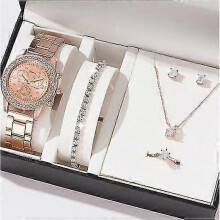 (Style 1, Rose Gold) 6 Pcs Gift Set Women's Watch Ring Necklace Earrings Rhinestone Jewelry Set Christmas Valentine's Day Gift