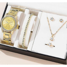 (Style 1, Gold) 6 Pcs Gift Set Women's Watch Ring Necklace Earrings Rhinestone Jewelry Set Christmas Valentine's Day Gift