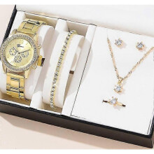 (Style 2, Gold) 6 Pcs Gift Set Women's Watch Ring Necklace Earrings Rhinestone Jewelry Set Christmas Valentine's Day Gift