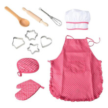 (Rose Red) 11pcs Children's Cooking Set Pretend Play Gift Toy Chef Set Children's Aprons