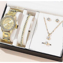 (Style 3, Gold) 6 Pcs Gift Set Women's Watch Ring Necklace Earrings Rhinestone Jewelry Set Christmas Valentine's Day Gift