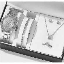 (Style 1, Silver) 6 Pcs Gift Set Women's Watch Ring Necklace Earrings Rhinestone Jewelry Set Christmas Valentine's Day Gift