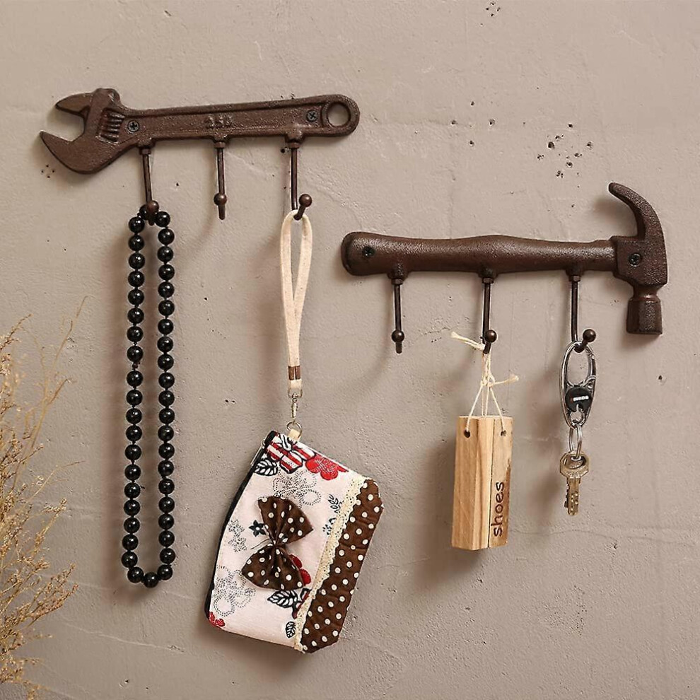 (As show, One size) Retro Wall Key Holder-3 Hooks-Decorative Design Wall Key Holder -Antique Brown Metal Wall Key Holder-Hammer and Key 2 Cast Iron Hooks