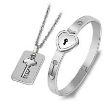 (A, silver) Heart Bracelet Choker Set Jewelry Key Pendant Necklace Women Men Lover Couples Valentines Day Gift