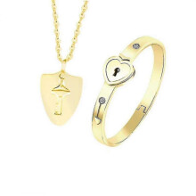 (B, gold) Heart Bracelet Choker Set Jewelry Key Pendant Necklace Women Men Lover Couples Valentines Day Gift