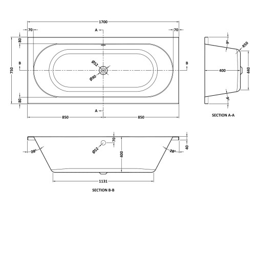 Round Double Ended Bath 1700 x 750mm - VBATH007 2