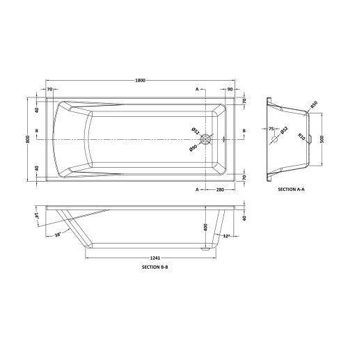 Square Single Ended Bath 1800 x 800mm - VBATH028 2
