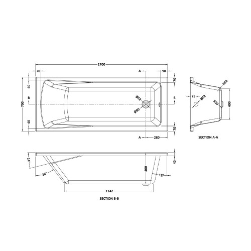 Square Single Ended Bath 1700 x 700mm - VBATH030 2