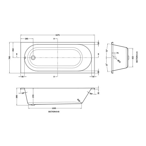 Round Straight Bath  1675 x 700mm - VBATH039 2