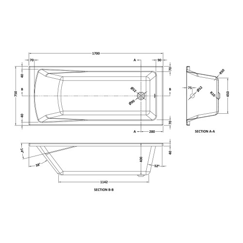 Square Single Ended Bath 1700 x 750mm - VBATH029 2