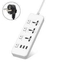 (EU, White) Us/uk/eu Power Strip 5v2.1a Surge Protector With 3 Outlets & 3 Usb Ports