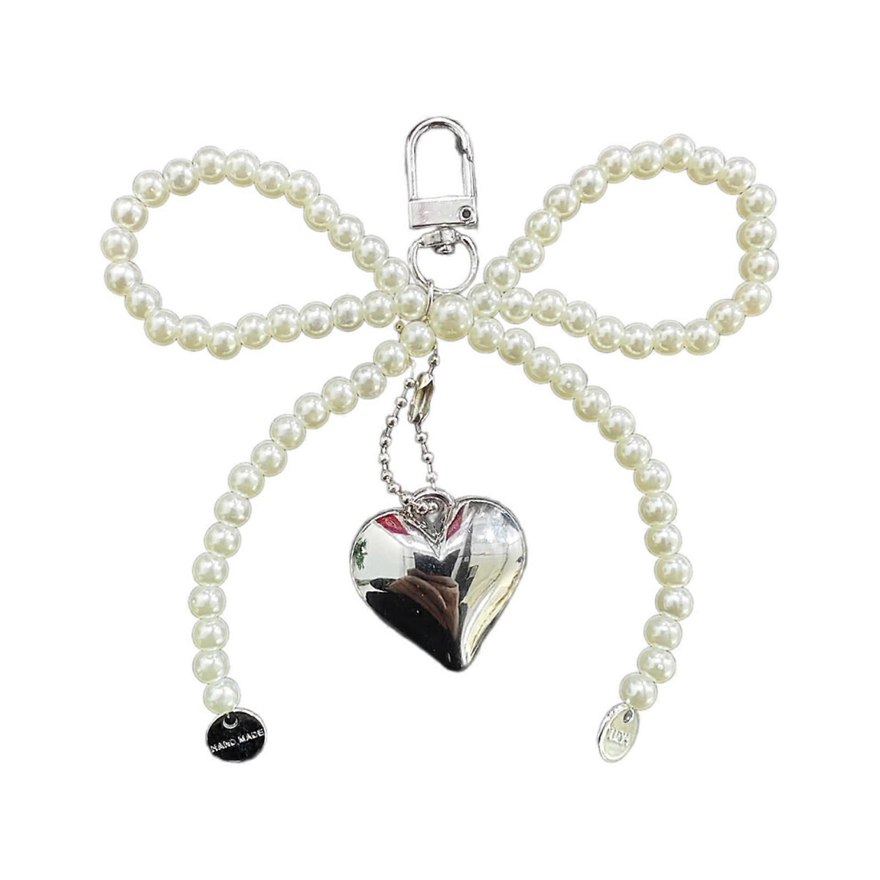 (A, One Size) Delicate Beaded Key Chain Handmade Bow Shaped Keyring Heart Keychain Ornament Pearl Decoration For Bags And Phones 7683012658860