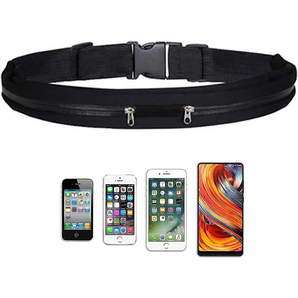 (As show, One size) Running Stretch Phone Fanny Pack (Black, 3.2cm Width), Women Men Dual Pocket Expandable Adjustable Waterproof Waist Bag - Fitness Jogging Exercise Bik