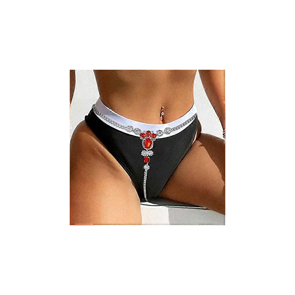(As show, One size) Boho Rhinestone Underwear Silver Chain Crystal Thong Panties Bikini G-String Body Jewelry Accessories for Women and Girls