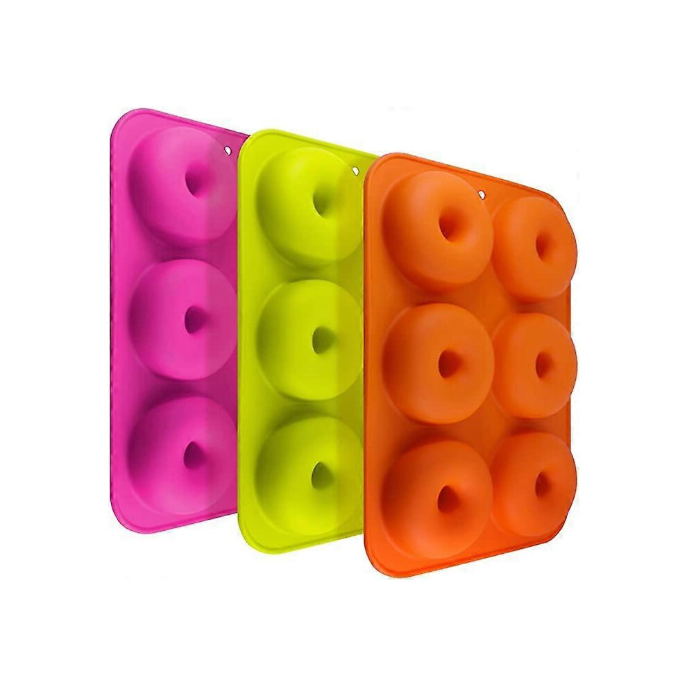 (As show, One size) 6 silicone doughnut molds (orange, pink, green, 3 in a pack), non stick baking tray, heat resistant, suitable for cakes, cookies, muffins