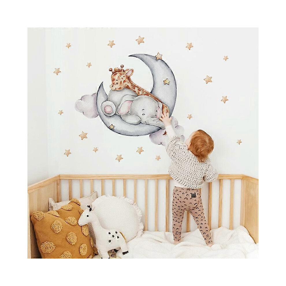 (As show, One size) Cartoon Moon Little Deer Good Night Animal Wall Decal, Baby Nursery Girl Bedroom Living Room Wall Decal