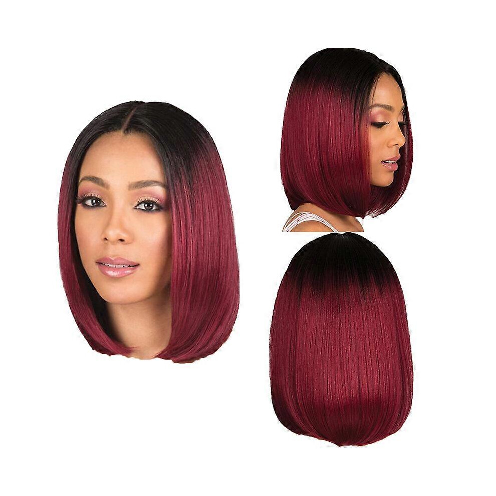 (As show, One size) Fashion Idol Headband Wig Bob Women's Wig (Black Gradient Burgundy), approximately 35cm Laceless Front Wig Synthetic Hair Heat-Resistant Fiber