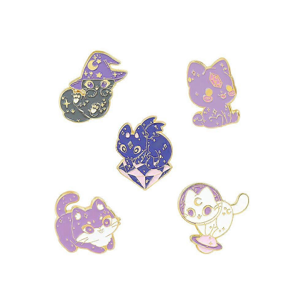 (As show, One size) 5 cute animal enamel brooches Girls' lapel pins Purple cat witch brooches Sweaters Shirts Shawl Scarves Badges Hat Clips