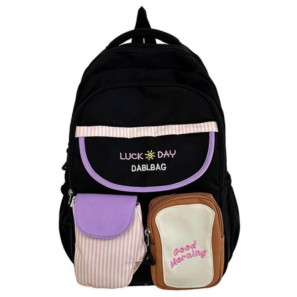 (Pink, One Size) Aesthetic Teenager School Backpack Contrast Color Large Capacity Daypack Multiple Pocket School Book Bag For Teens Girls Black 7683012658532