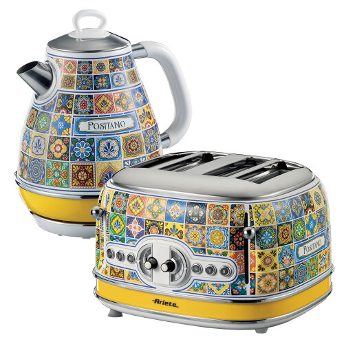 Ariete Positano Jug Kettle & 4 Slice Toaster Set, Italian Tile Design