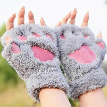 Ladies Girls Womens Cat Paw Gloves Winter Gloves Fingerless Paw Mittens Warm Plush Half-finger Winter Gloves2setblack + Gray
