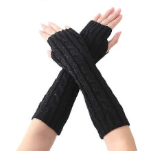 (Black) Womens Fingerless Arm Warmer Knit Wool Gloves Winter Warm Wrist Mittens