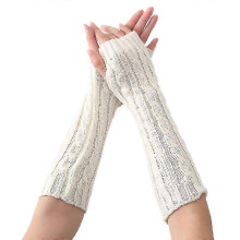 (White) Womens Fingerless Arm Warmer Knit Wool Gloves Winter Warm Wrist Mittens