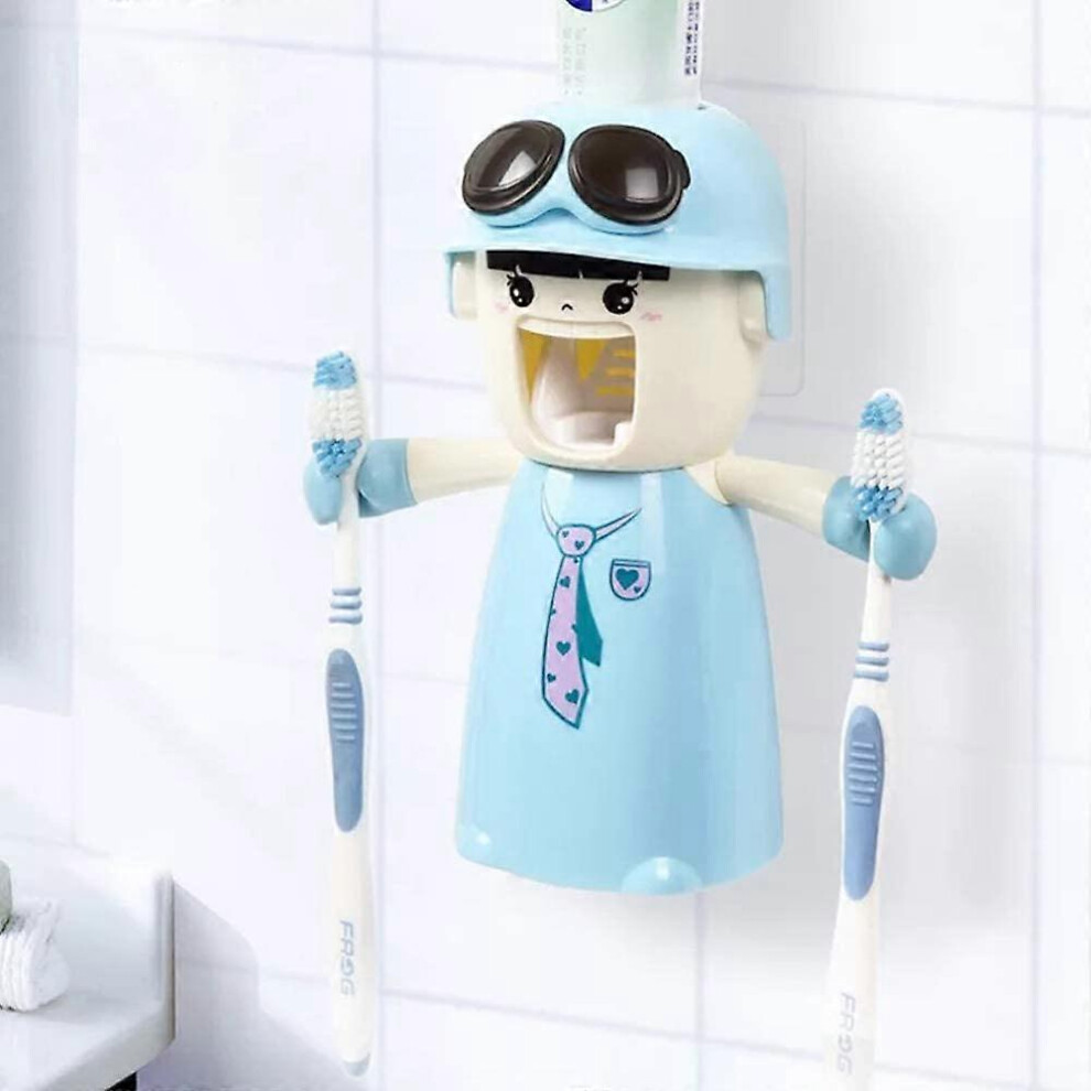 (As show, One size) Kids Toothbrush Holder with Cup, Automatic Hands-Free Toothpaste Dispenser for Kids with Toothpaste Box, Easy Clean Wall Mounted Bathroom Kit - Blue