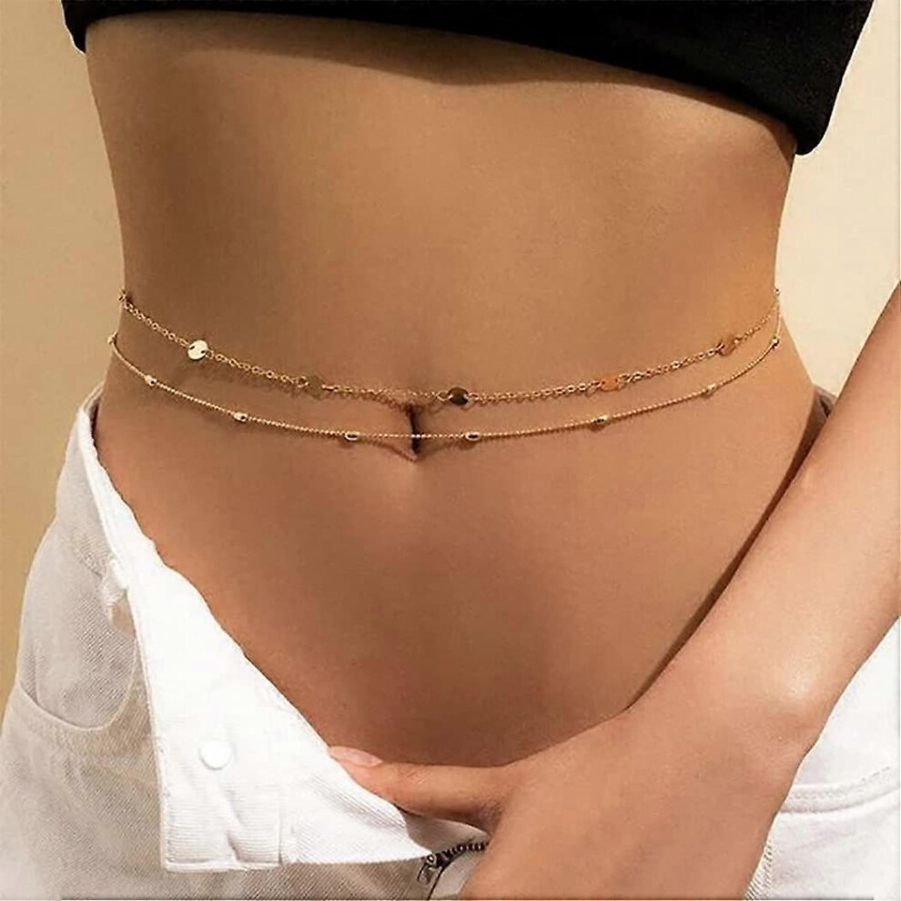 (As show, One size) Layered(Gold) Beaded Waist Chain Beads Belly Chain Sequin Stomach Chain Body Jewelry Accessories for Women and Girls