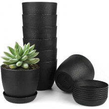 8 Pcs Thick Black Plastic Flower Pots 10cm Small Round Plant Pots with Trays