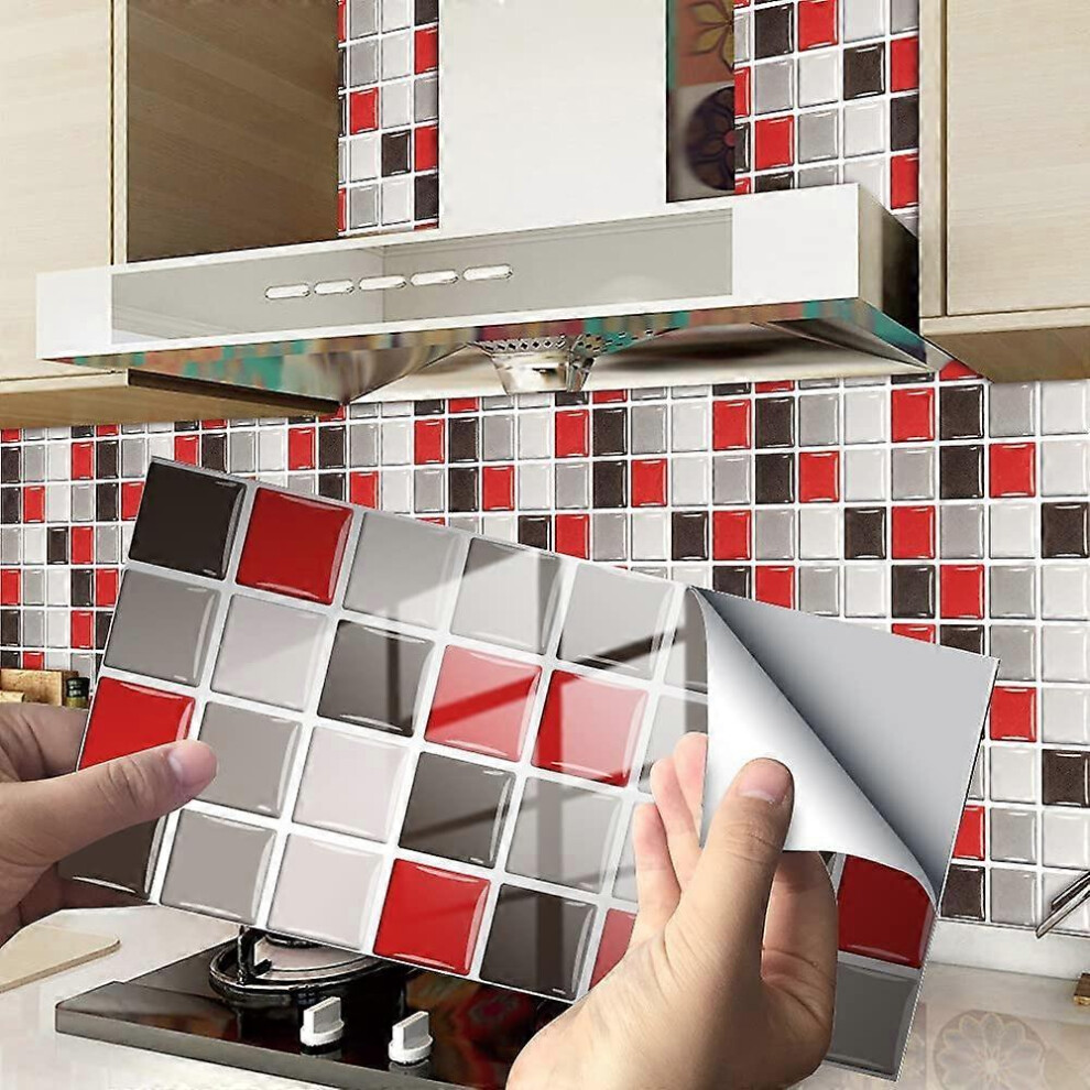 (As show, One size) Tiles for Bathroom and Kitchen Tile Stickers, Marble Pattern Mosaic Waterproof Adhesive Decoration (Red Mosaic,24 Pieces)