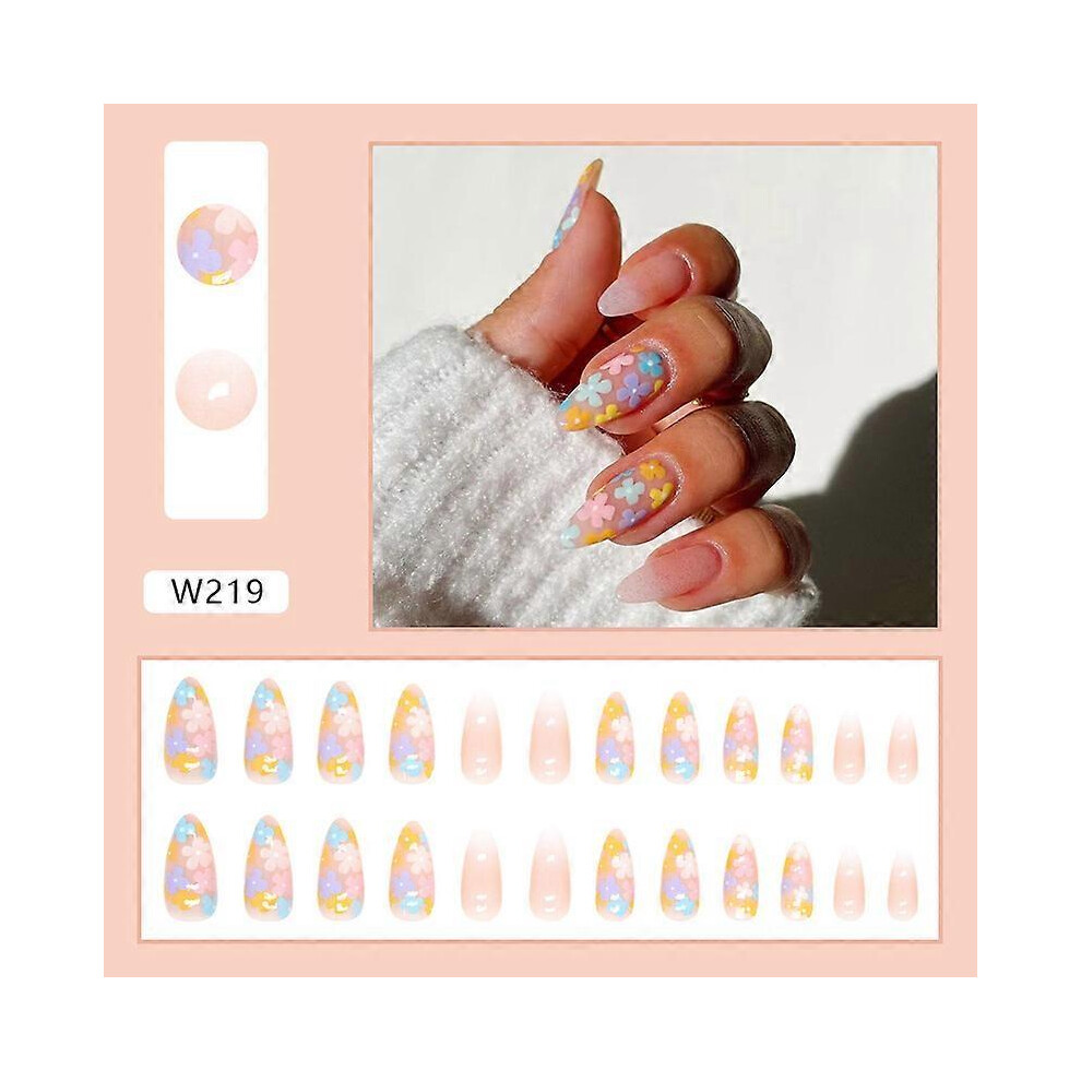(As show, One size) 24 Pack Short Almond Stick On Nails, Nude Artificial Flower Daisy Oval Fake Nails with Nail Glue, Acrylic Fake Nails for Women