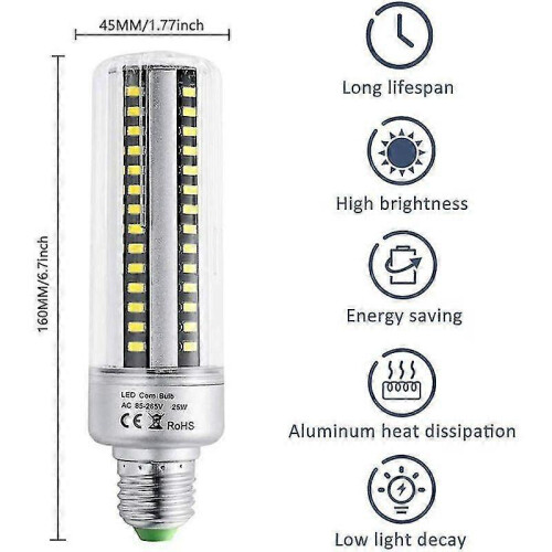 E27 25w Led Light Bulb Warm White 3000k, 2500lm High Brightness, Halogen Equivalent 200w Light Bulb, Non-dimmable, E27 Led Corn Light Bulb for Ceiling 2