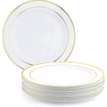 - 25 Premium Plastic Dinner Party Plates with Gold Rim, Multi-use Perfect for Weddings, Birthdays, Garden Parties & Outdoor Events - 26cm / 10"