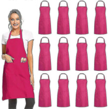 (Rose Red) 12 Pack Plain Bib Aprons With 2 Pockets - Black Unisex Commercial Apron Bulk (ruigou)