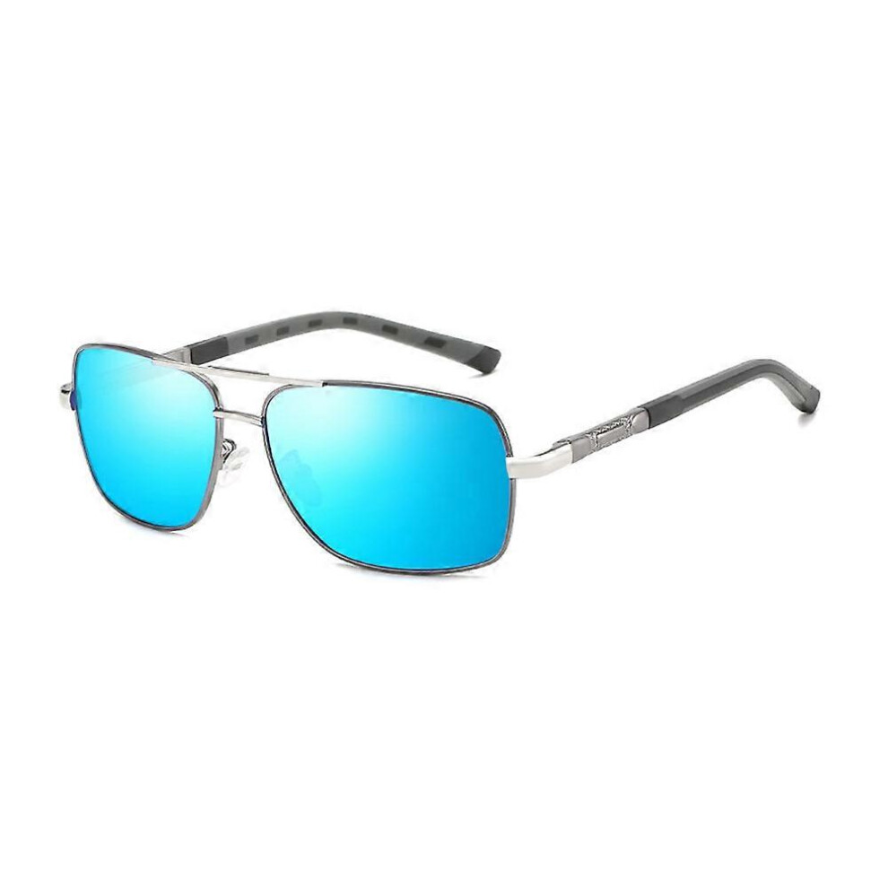 (As show, One size) One piece (ice blue piece silver frame gun frame) Man Semi-rim Polarized Sunglasses Al-Mg metal Frame Super Light UV400