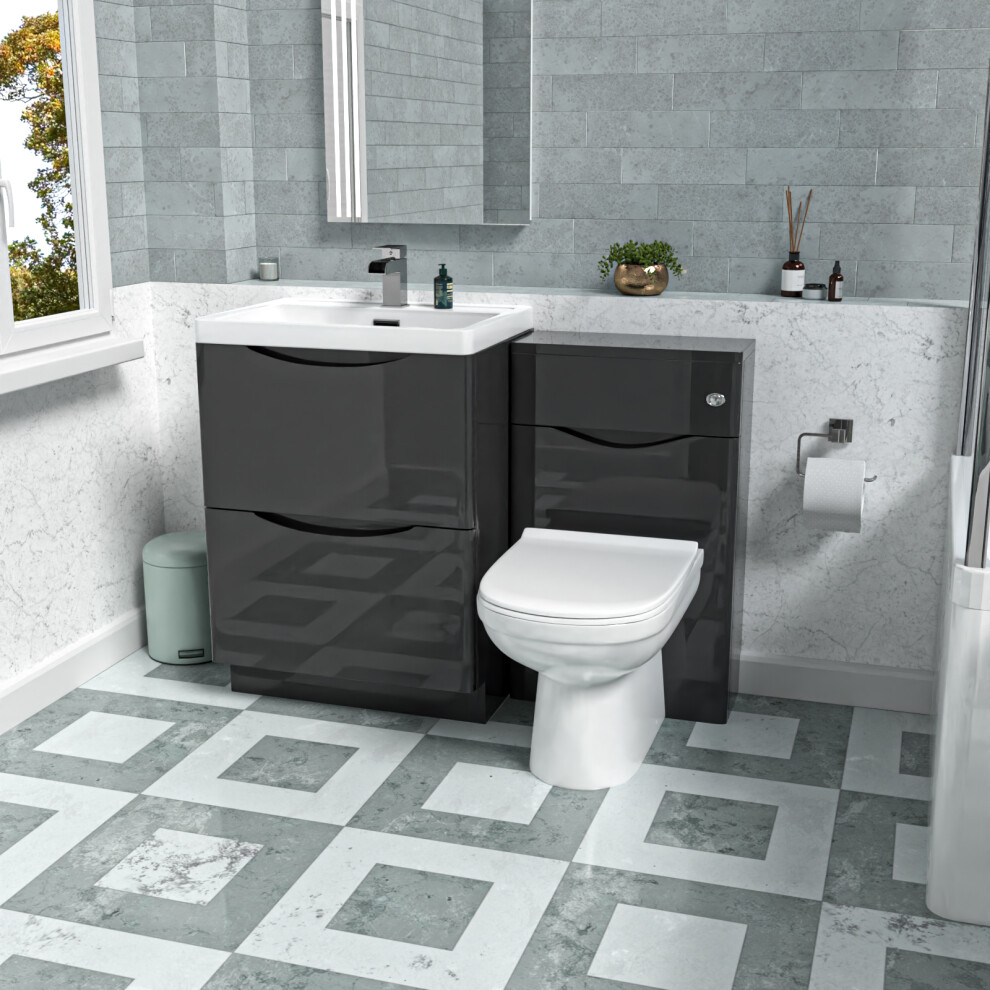 Nes Home Merton Dark 600Mm Freestanding Basin Vanity Wc Unit & Round Btw Toilet Set Grey