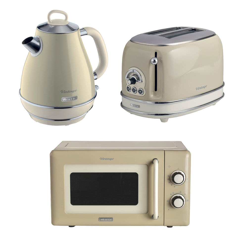 Ariete Vintage 1.7L Jug Kettle, 2 Slice Toaster & Microwave Set Cream
