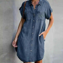 (L, wow) Arrival Summer Women Denim Dress Short Sleeves Loose A-Word Dresses S V-neck Solid Denim Dresses Shirt Dress 17139