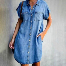 (M, orion) Arrival Summer Women Denim Dress Short Sleeves Loose A-Word Dresses S V-neck Solid Denim Dresses Shirt Dress 17139