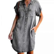 (M, grey) Arrival Summer Women Denim Dress Short Sleeves Loose A-Word Dresses S V-neck Solid Denim Dresses Shirt Dress 17139