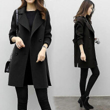 (L, Black) Women's Wool Blend Long Coat Slim Lapel Plus Size Cashmere Autumn Winter Long Coat
