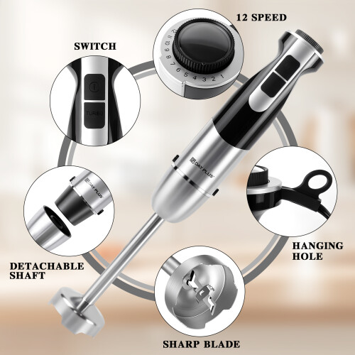 Professional 800W Hand Blender - 12 Variable Speeds + Turbo Function, Anti-Splash, Easy Clean  ﻿ 2