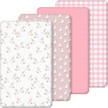 (Pink) 4 Pack Baby Crib Sheets for Boys Girls, 52'' x 28'' Fitted Baby Sheet with Silly Goose and Chequered Pattern for Standard Crib(Pink)