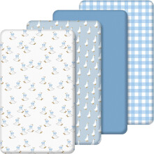 (Blue) 4 Pack Baby Crib Sheets for Boys Girls, 52'' x 28'' Fitted Baby Sheet with Silly Goose and Chequered Pattern for Standard Crib(Pink)