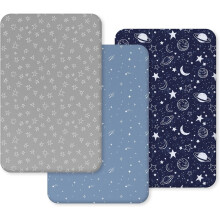 (55 x 90 cm, Dark Blue Planet) Fitted Sheets 55 x 90 cm Baby Cot, Pack of 3 Flat Sheets for Side Bed, Breathable Soft Microfibre Fitted Sheets, Grey Green Constellation