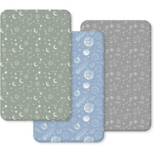 (55 x 90 cm, Grey-green Constellation) Fitted Sheets 55 x 90 cm Baby Cot, Pack of 3 Flat Sheets for Side Bed, Breathable Soft Microfibre Fitted Sheets, Grey Green Constellation
