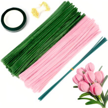 400PCS Floral Pipe Cleaners Craft Kit with 20 Flower Stems & 2 Tapes, 4 Color Chenille Stems DIY Flower Bouquet Supplies for Art Projects, Fe